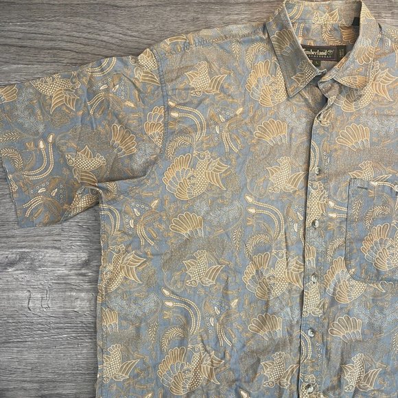 Timberland Weathergear Blue Tan Birds Filagree S/S Buttondown Casual Shirt Sz L - Picture 3 of 4